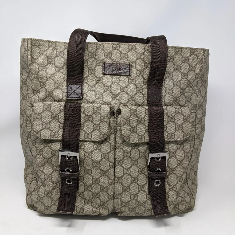 GUCCI PVC Beige & Dark Brown Two Pocket Tote Bag